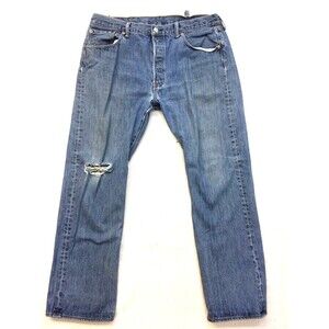 LEVIS 501 Jeans Men 38x32 Button Fly Distressed Aged Light Wash Denim Blue
